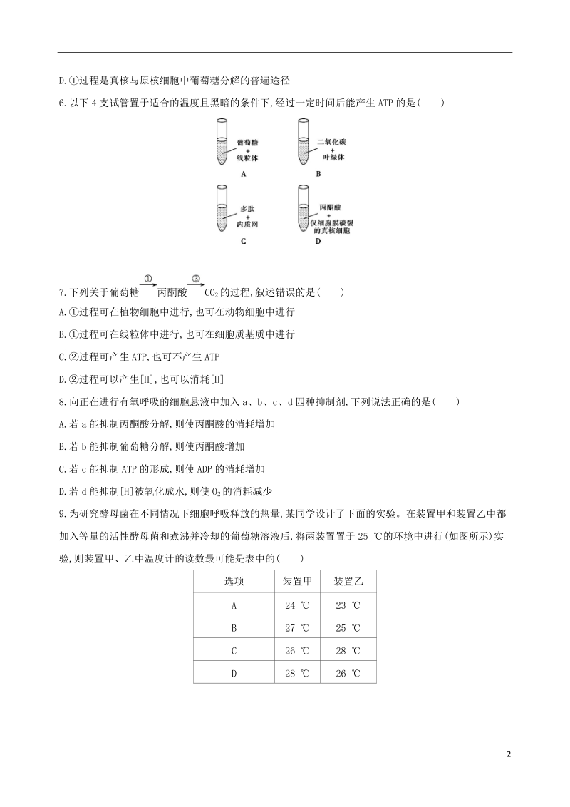 （北京专用）2019版高考生物一轮复习 第2单元 细胞的代谢 第7讲 细胞呼吸夯基提能作业本.doc_第2页