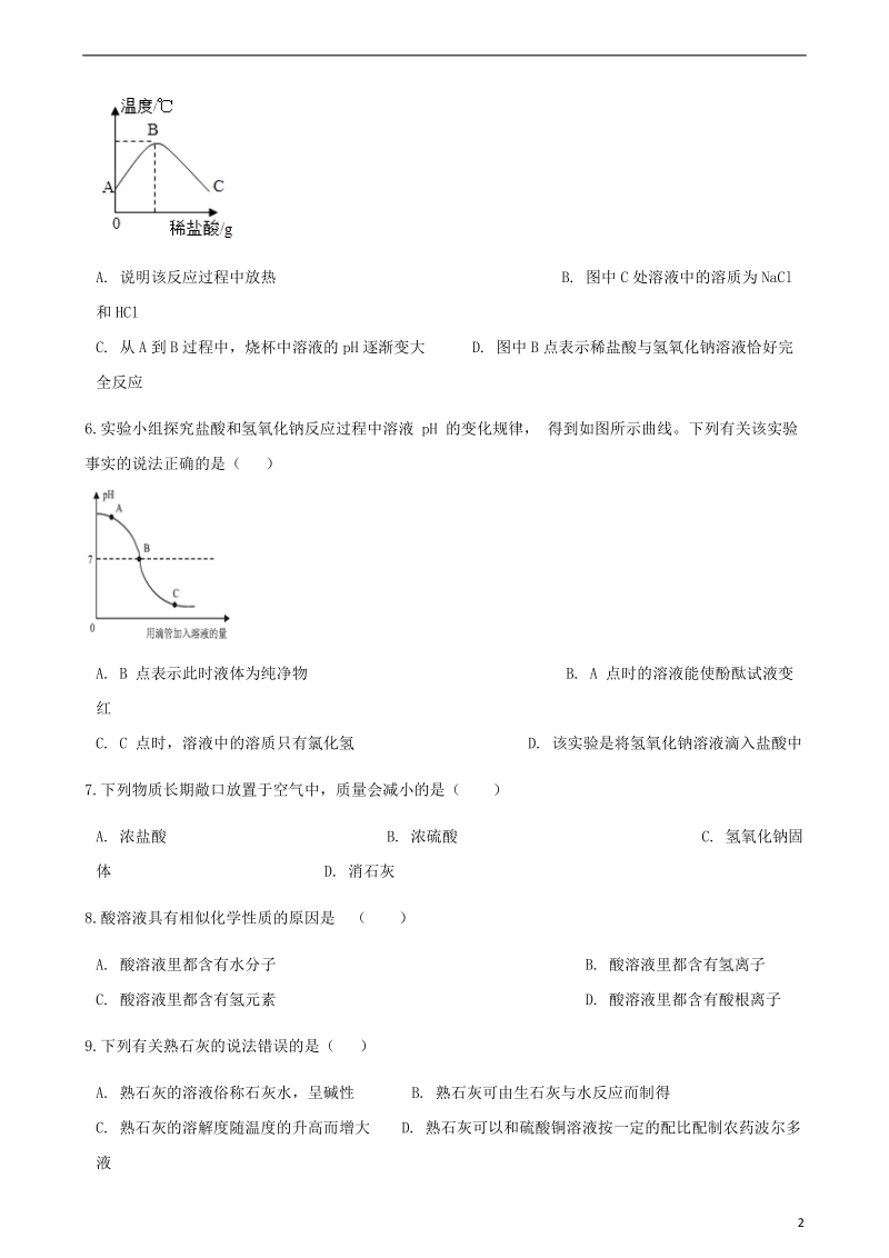 2017_2018学年九年级化学下册第七单元常见的酸和碱综合测试新版鲁教版.doc_第2页