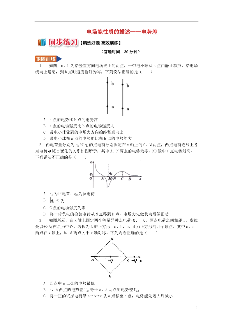 2018年高中物理 第1章 静电场 1.6 电场能性质的描述——电势能和电势习题 新人教版选修3-1.doc_第1页