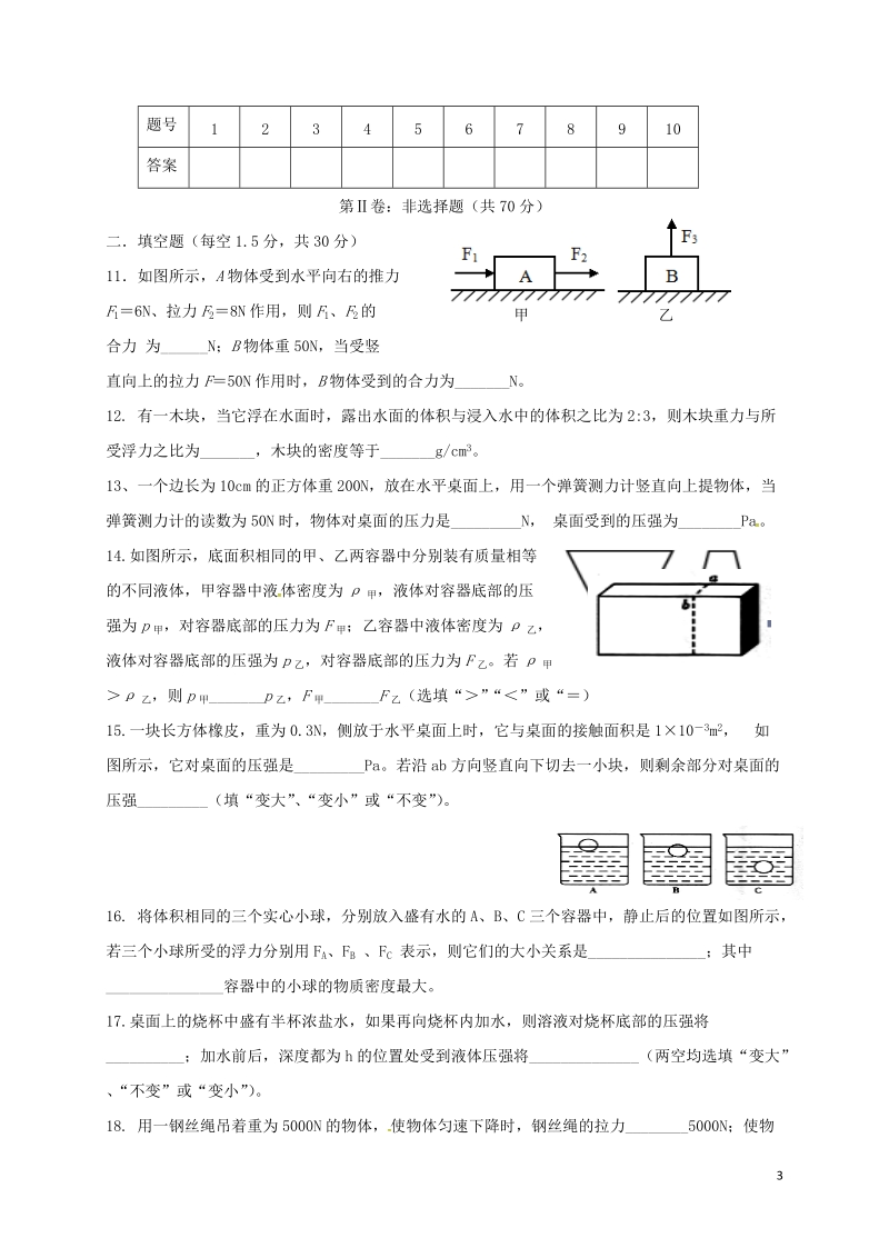 四川省中江县龙台中学2017_2018学年八年级物理下学期期中试题无答案新人教版.doc_第3页