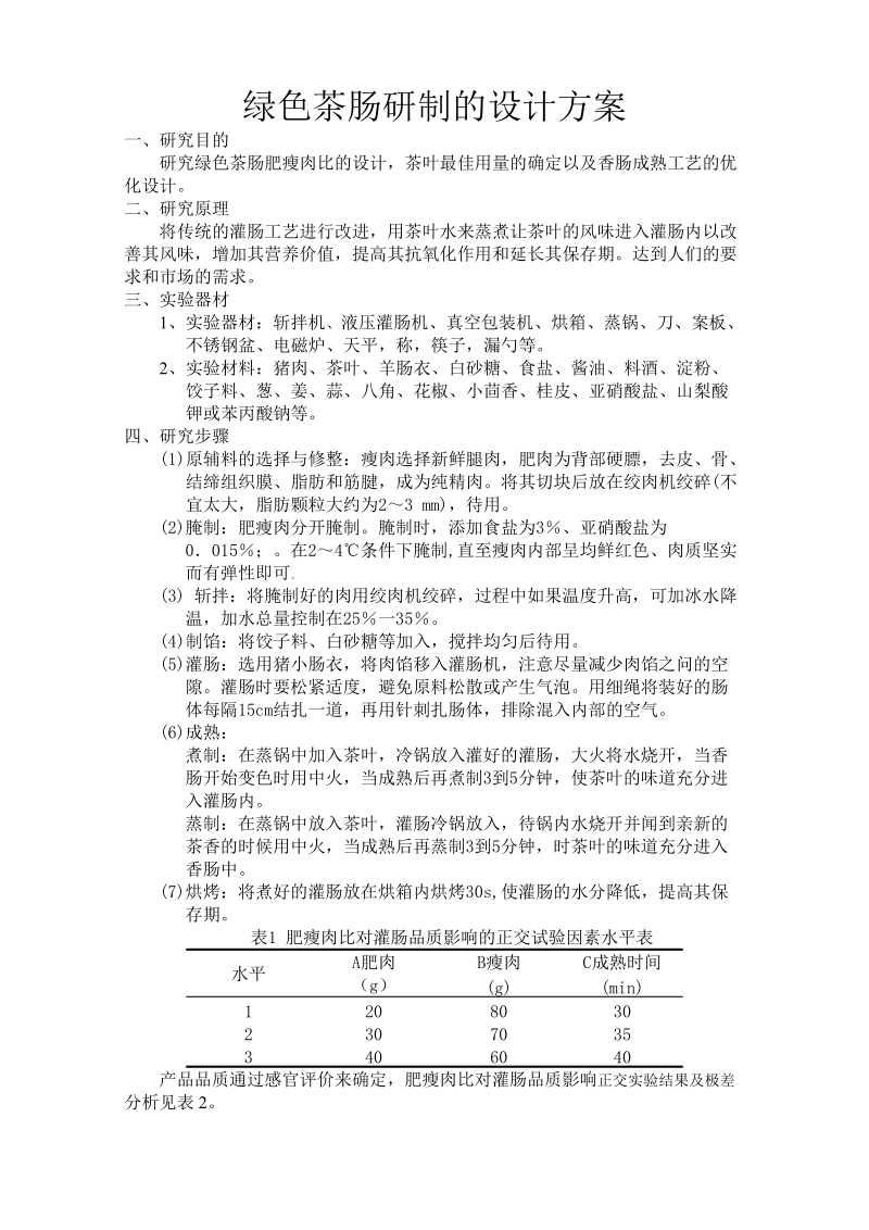 绿色茶肠研制的设计方案.doc_第1页