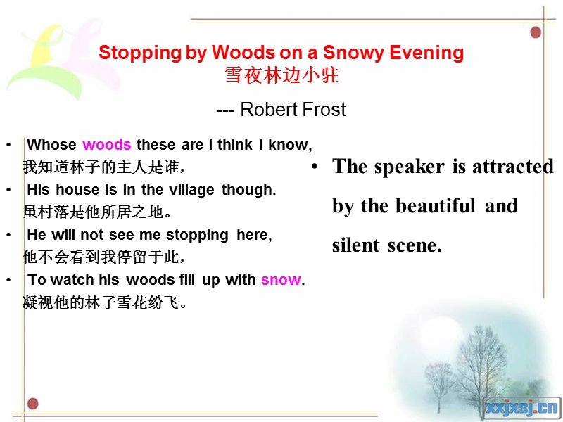 Poetry Appreciation，stopping by the woods on a snowy evening.ppt_第2页