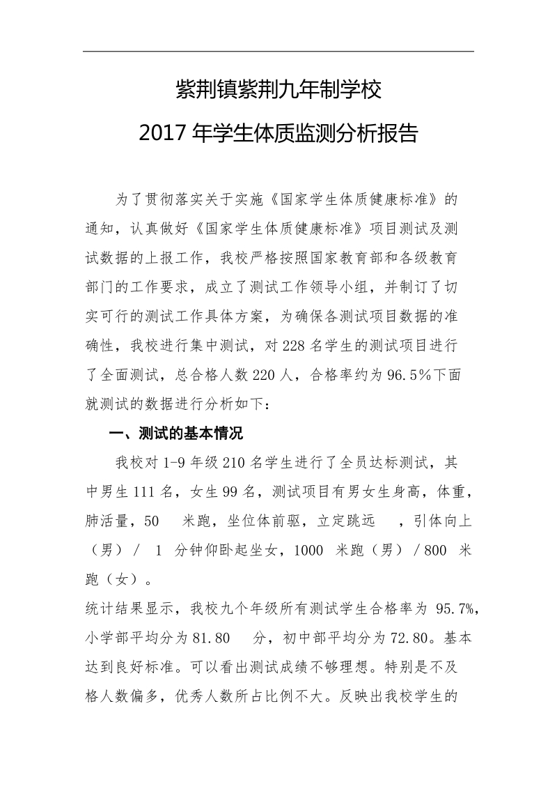 紫荆镇紫荆九年制学校2017学生体质监测分析报告.docx_第1页