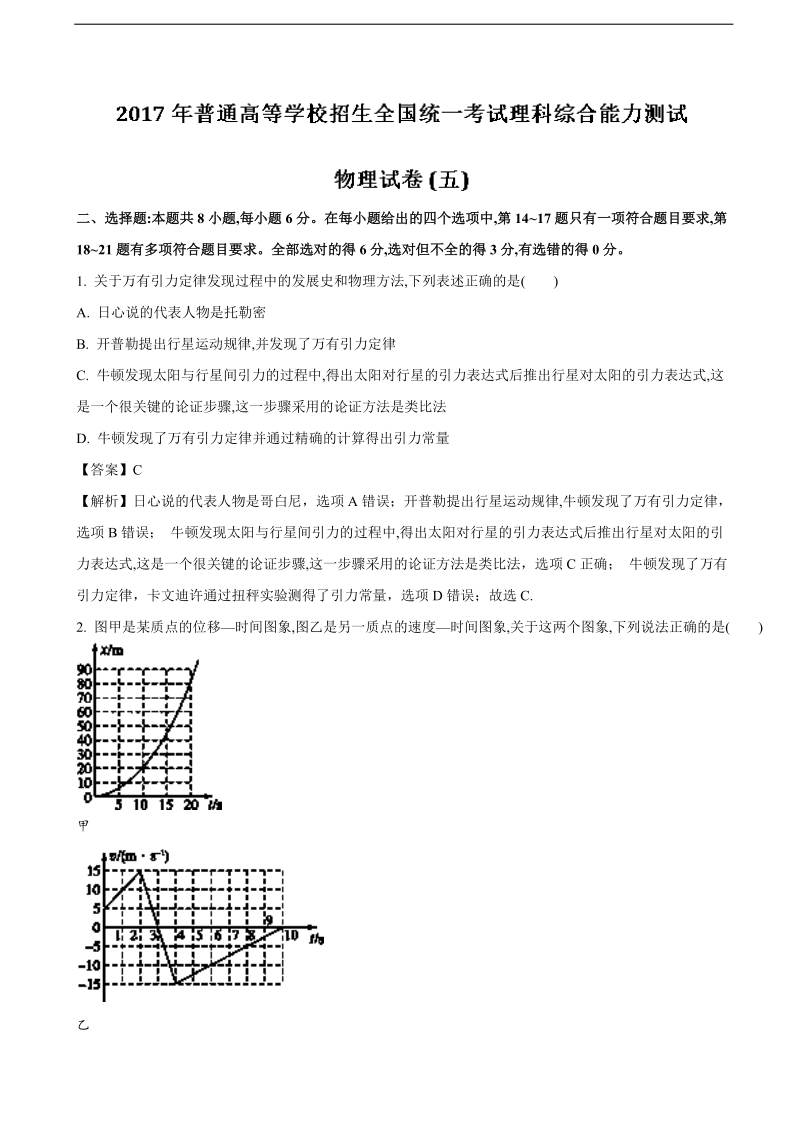 2017年河北省高三普通高等学校招生全国统一考试能力测试（五）理综物理试题.doc_第1页