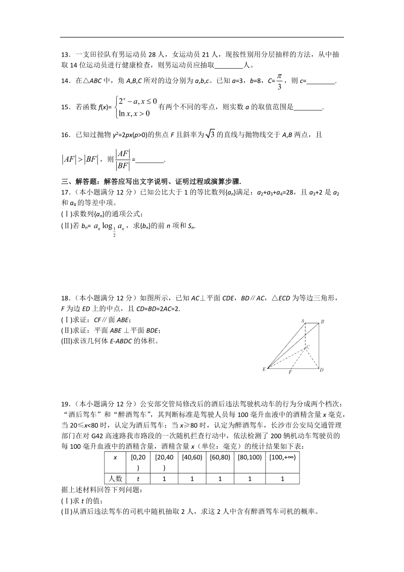 2016年湖南省长沙市长郡中学高三下学期考前冲刺卷（一）数学（文）试题.doc_第3页