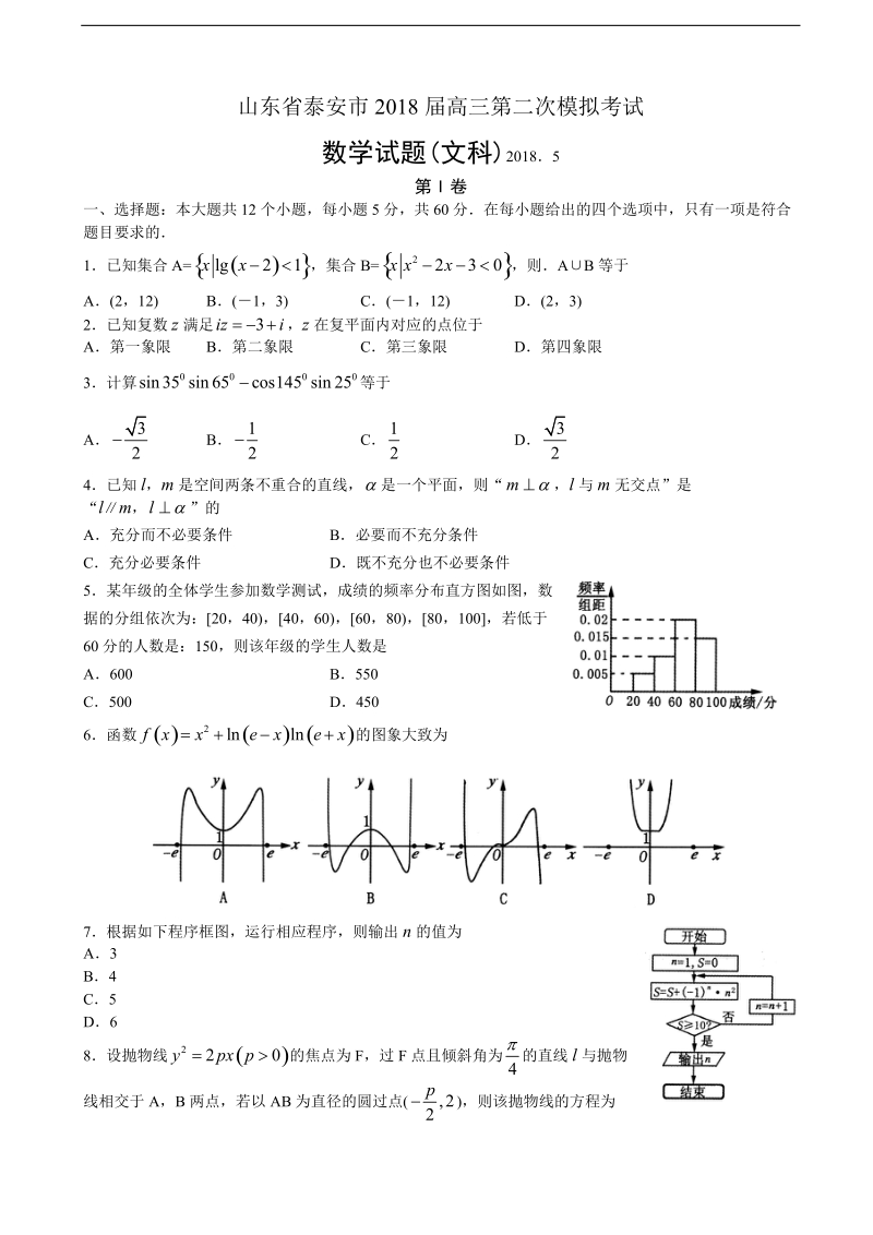 2018年山东省泰安市高三第二次模拟考试数学试题（文）（word版）.doc_第1页