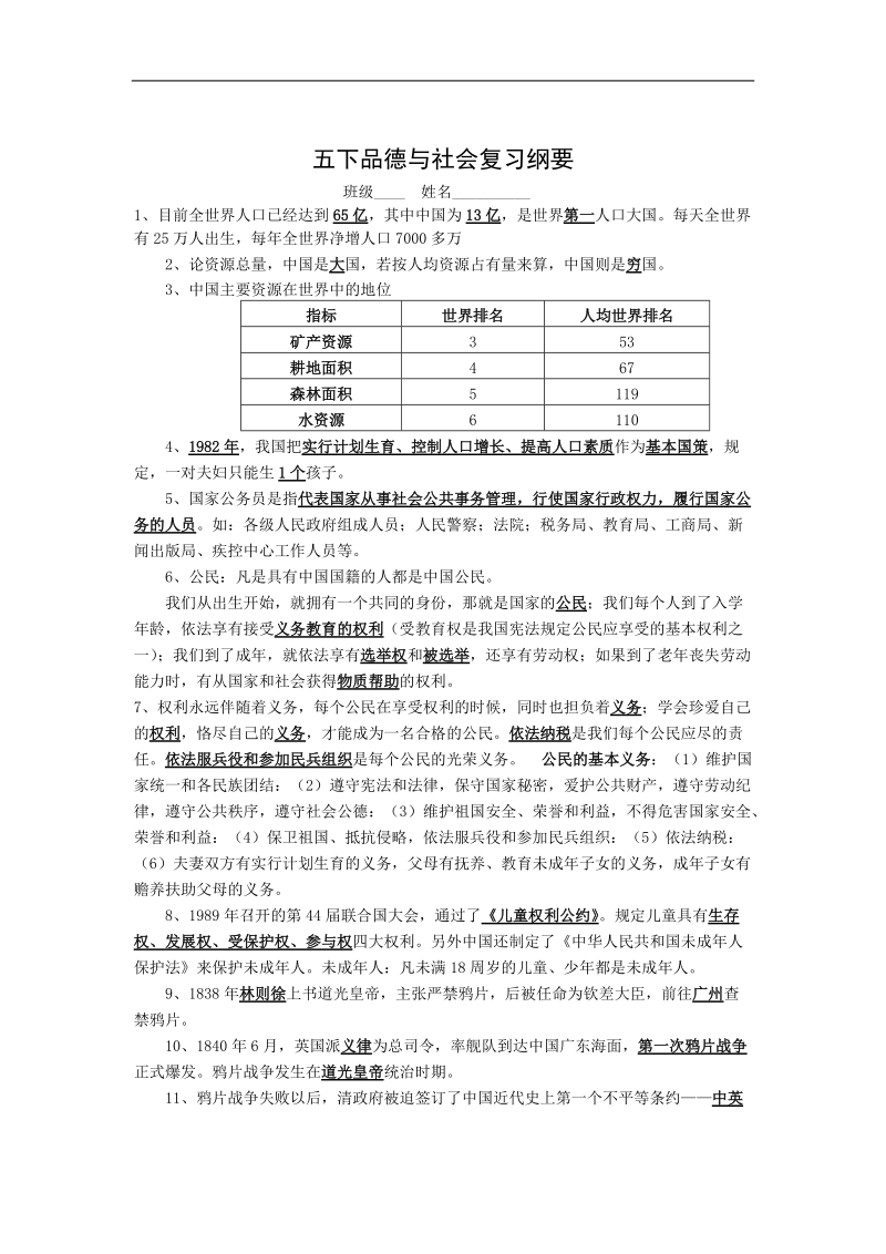 五年级下品德与社会复习纲要.doc_第1页