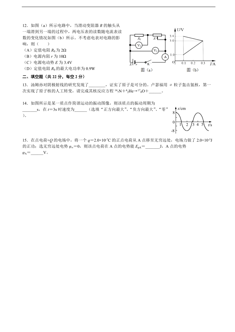 2017年上海市浦东新区高三下学期教学质量检测（二模）物理试题 （word版）.doc_第3页