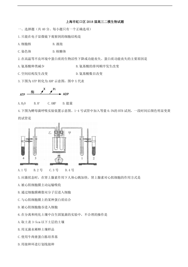 2018年上海市虹口区高三二模生物试题（word版）.doc_第1页