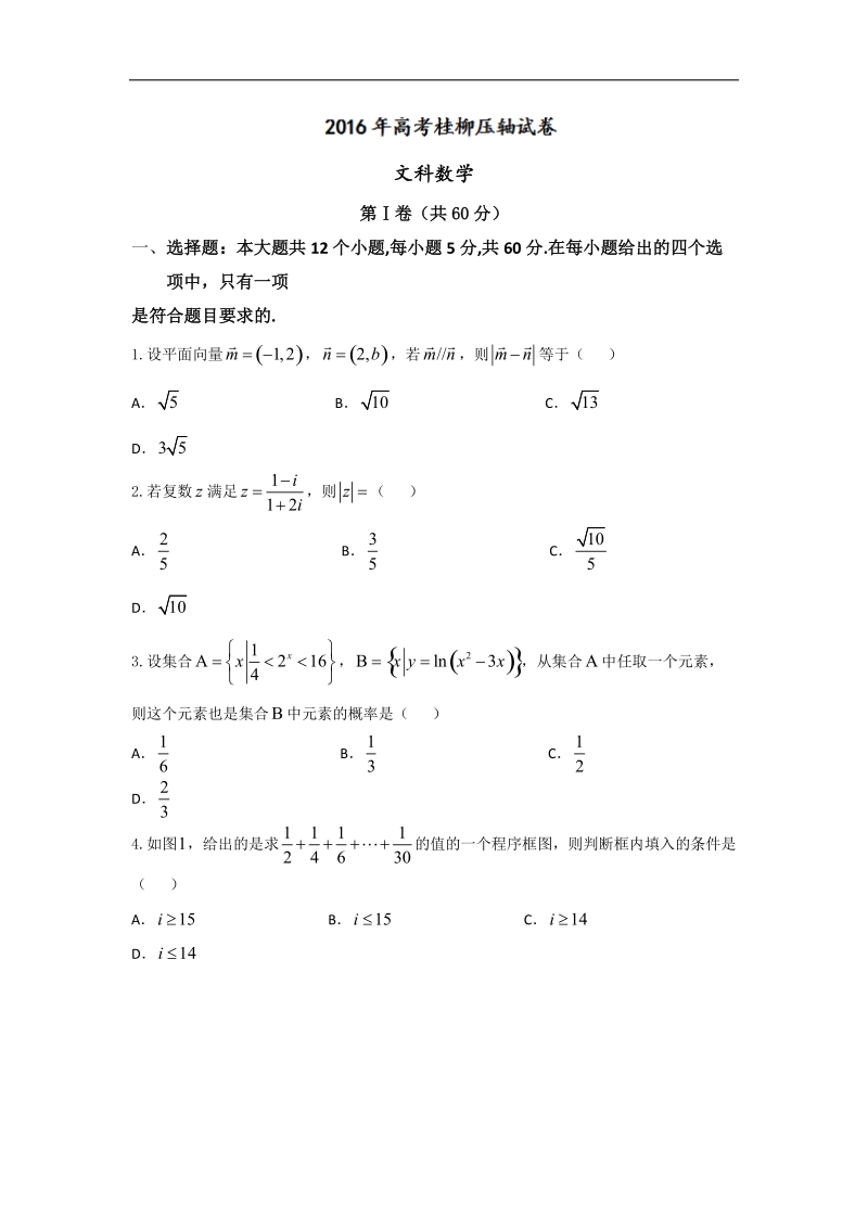 2016年广西自治区桂林 柳州高考压轴数学（文）试题.doc_第1页