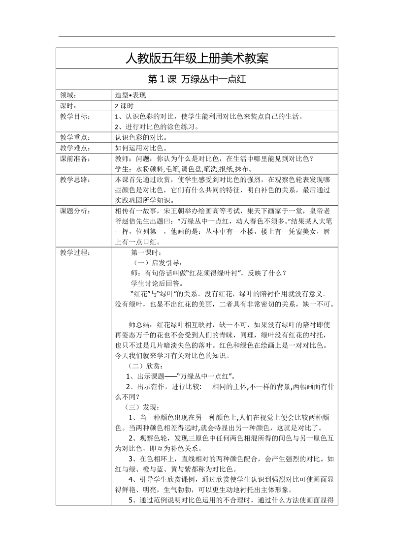 人教版五年级美术上册教案(列表).doc_第1页