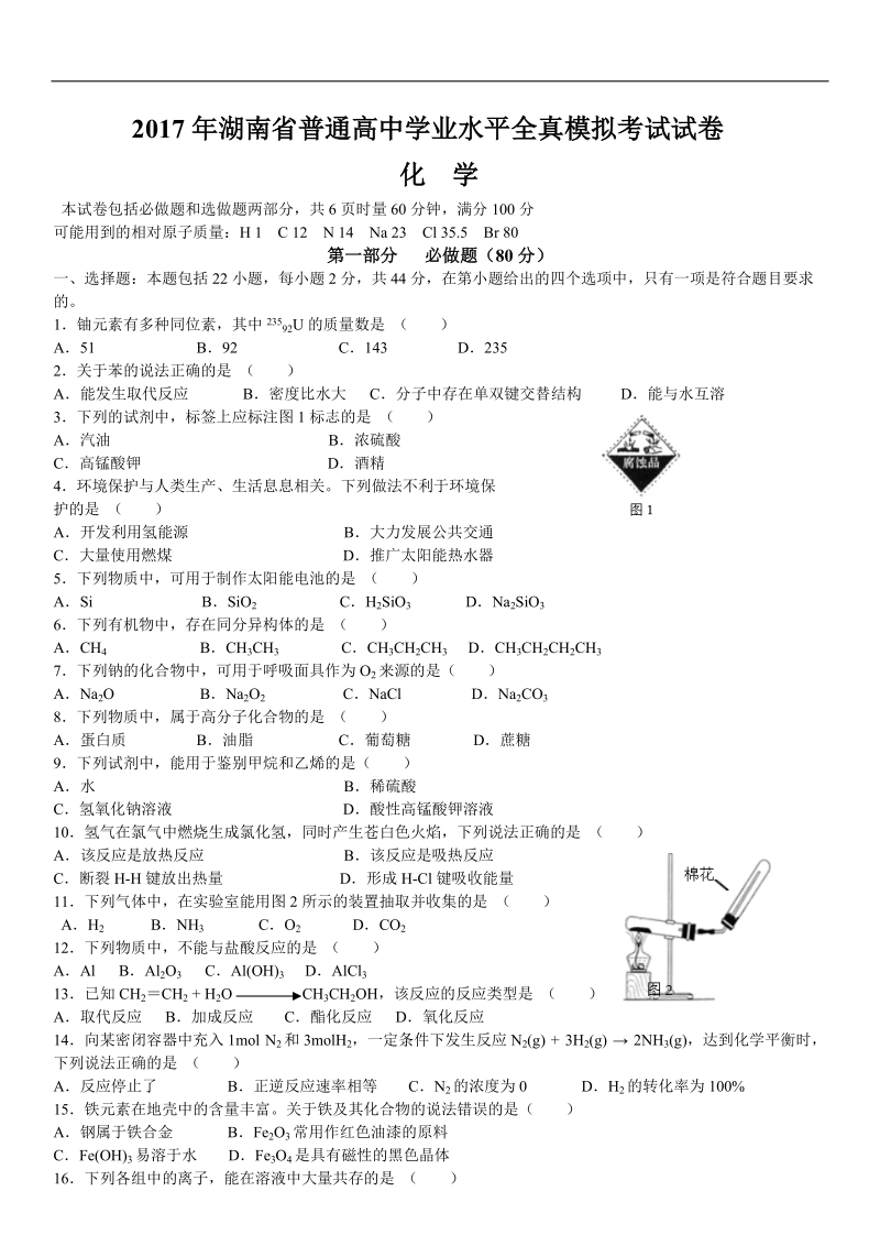 2017年湖南省普通高中学业水平全真模拟考试试卷.docx_第1页