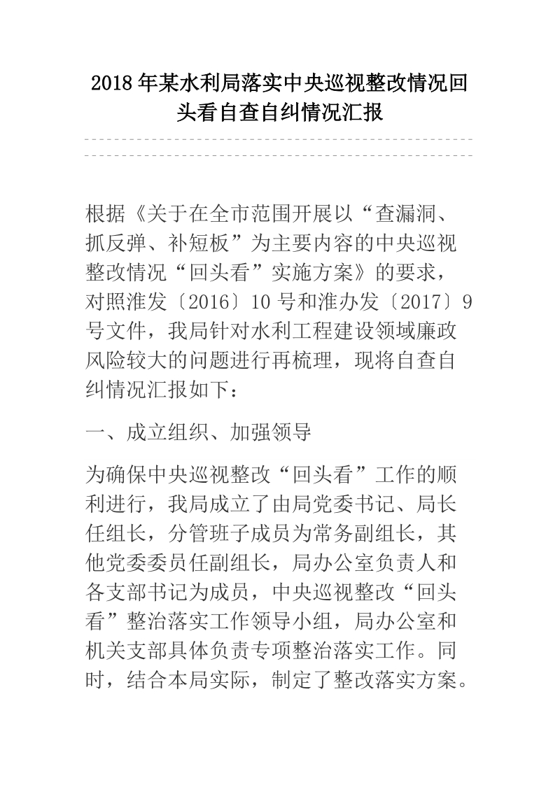 2018年某水利局落实中央巡视整改情况回头看自查自纠情况汇报.docx_第1页