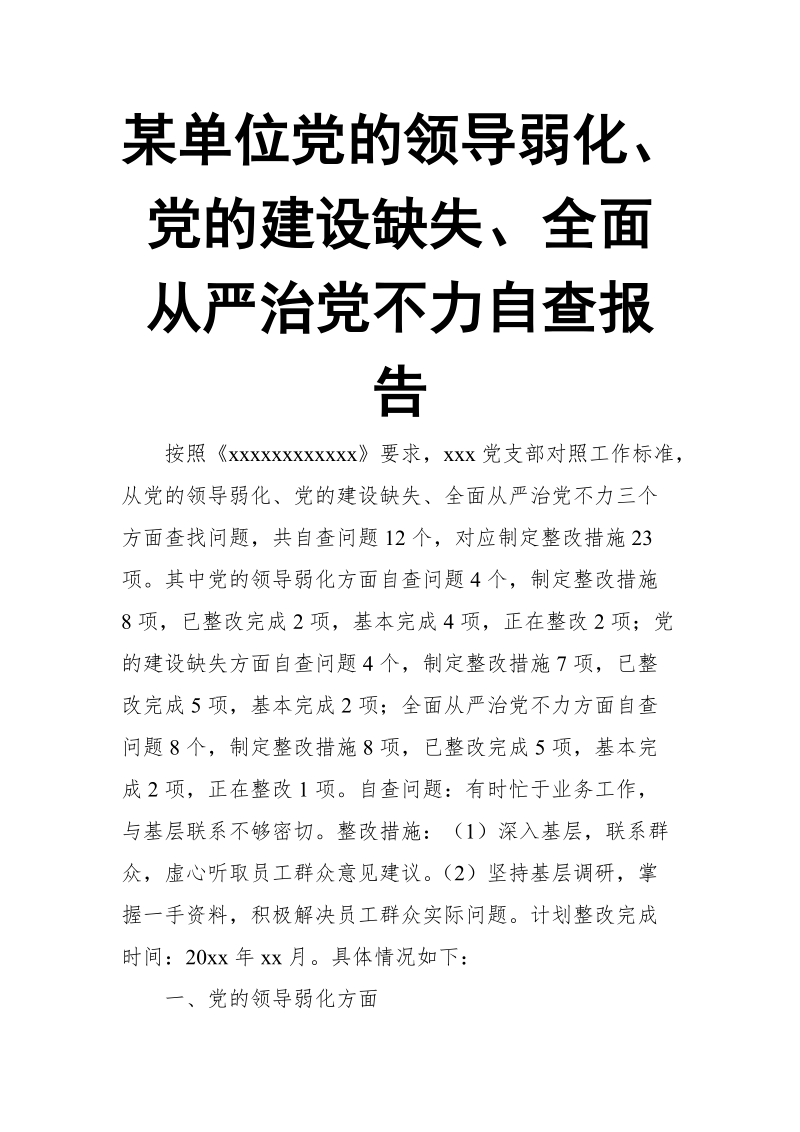 某单位党的领导弱化、党的建设缺失、全面从严治党不力自查报告.doc_第1页