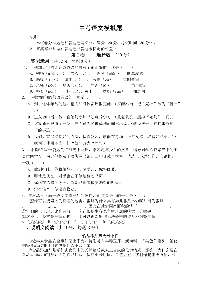 中考语文模拟题.doc_第1页