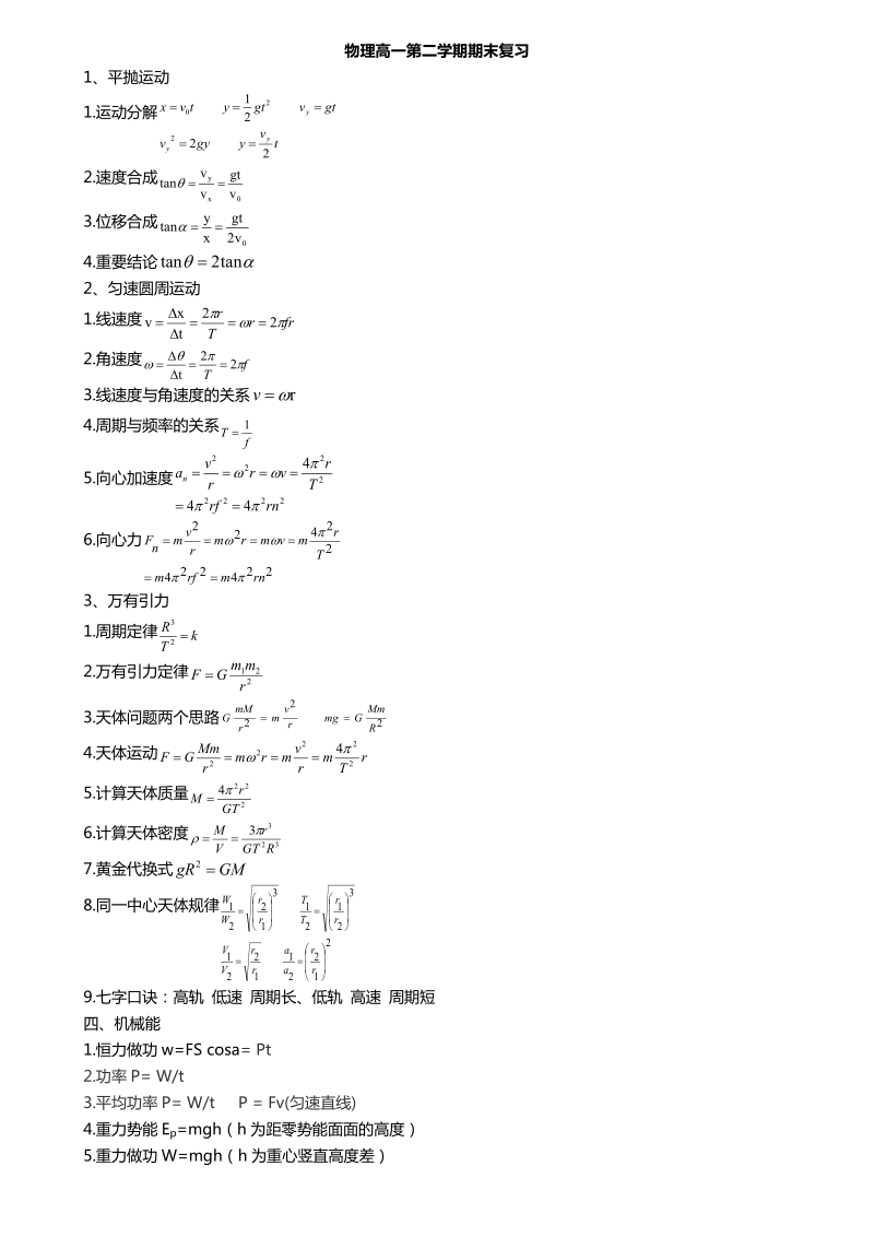 人教版物理必修二公式汇编及总复习试卷（答案解析）.doc_第1页