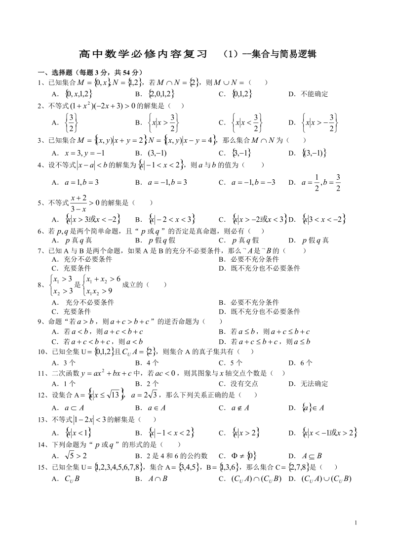 高中数学必修内容复习（1）--集合与简易逻辑.doc_第1页