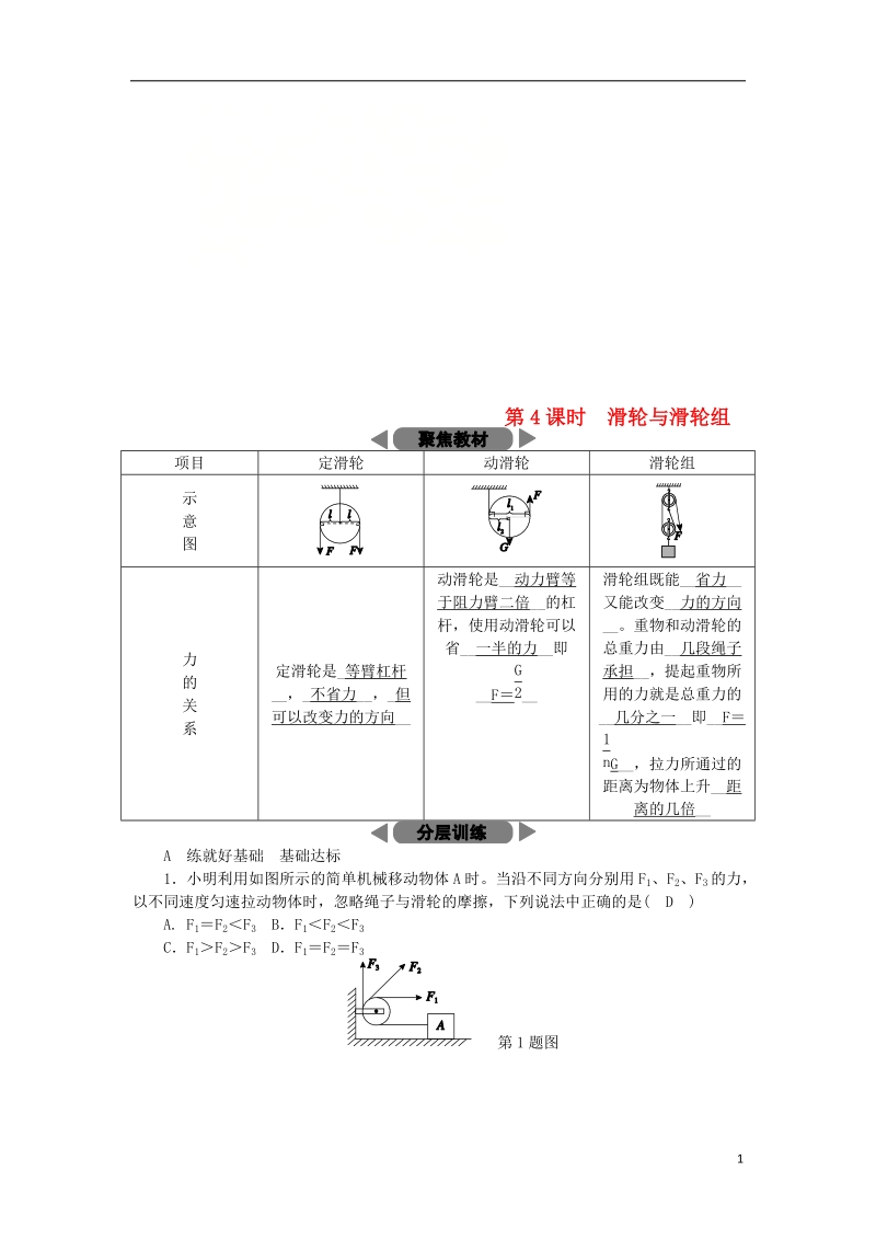 2018年秋九年级科学上册 第3章 能量的转化与守恒 第4节 简单机械 第4课时 滑轮与滑轮组练习 （新版）浙教版.doc_第1页