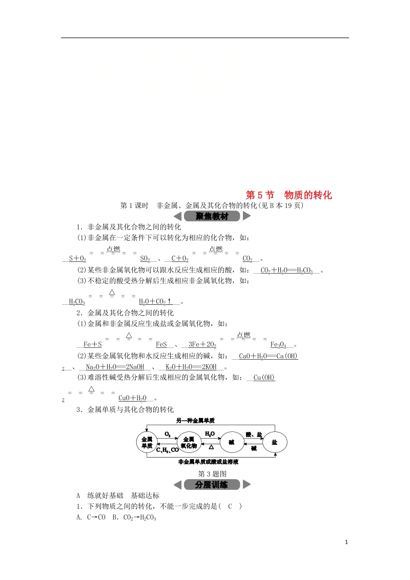 2018年秋九年级科学上册 第2章 物质转化与材料利用 第5节 物质的转化 第1课时 非金属、金属及其化合物的转化练习 （新版）浙教版.doc_第1页