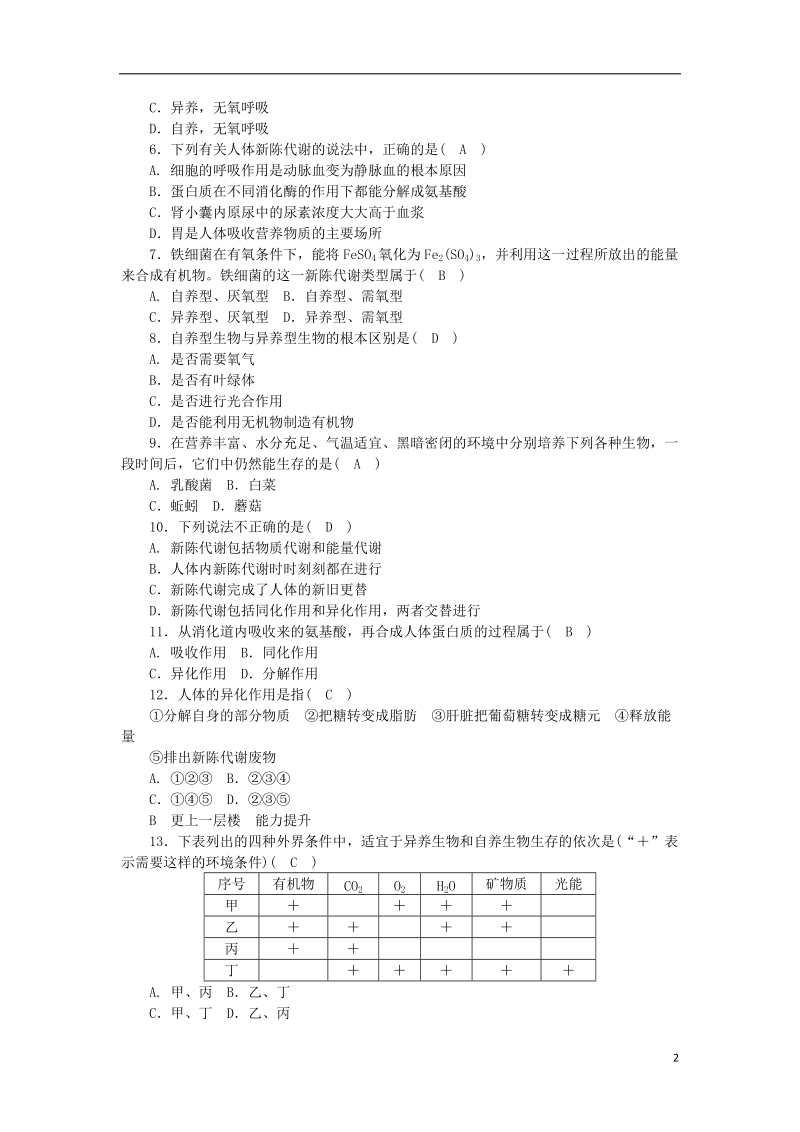 2018年秋九年级科学上册 第4章 代谢与平衡 第5节 体内物质的动态平衡 第3课时 代谢的多样性练习 （新版）浙教版.doc_第2页