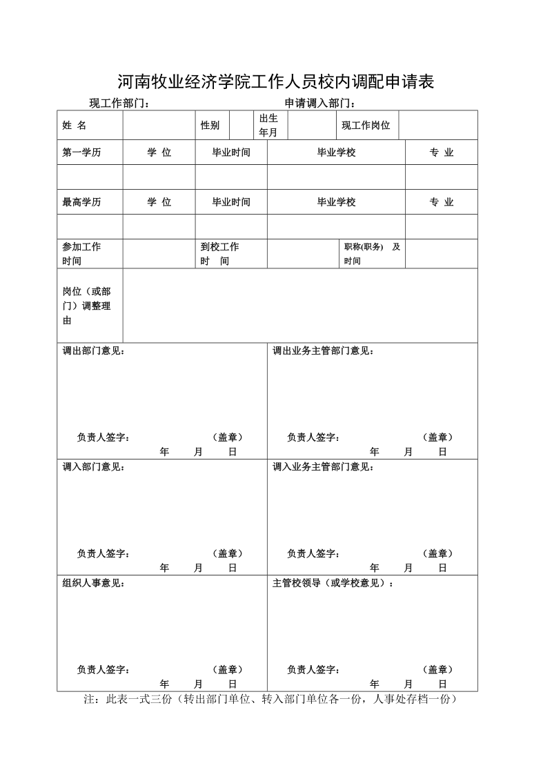 河南牧业经济学院工作人员校内调配申请表.doc_第1页