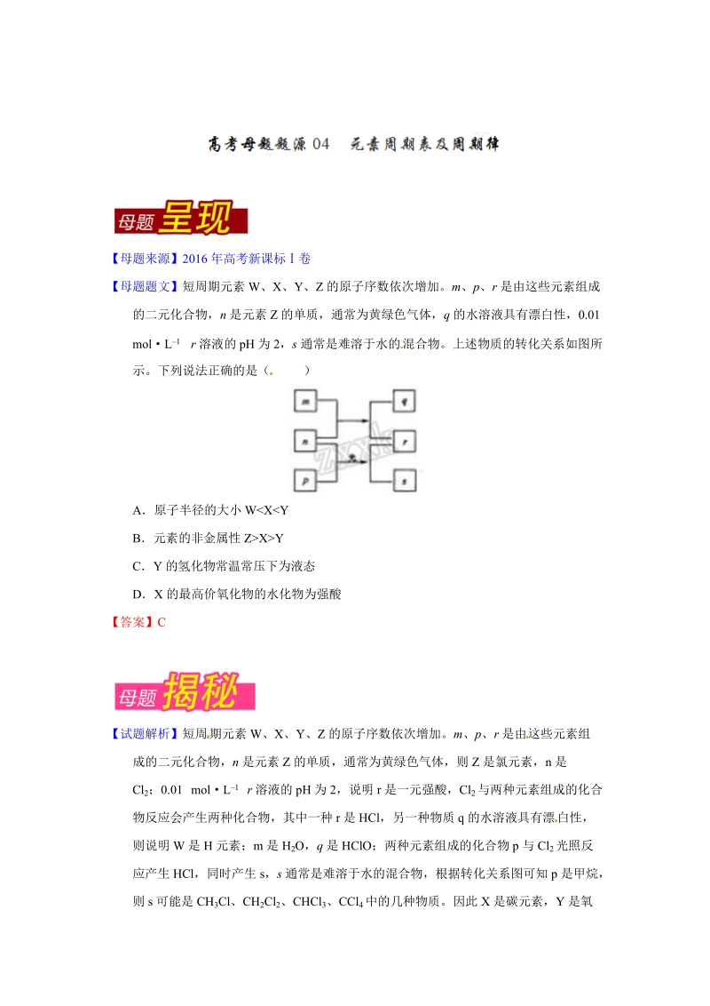 专题04  元素周期表及周期律-2016年高考化学母题题源系列.doc_第1页