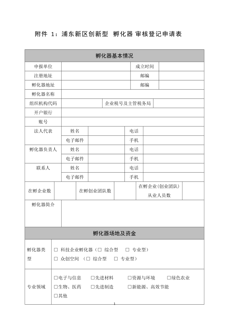 附件1：浦东新区创新型孵化器审核登记申请表docx.docx_第1页