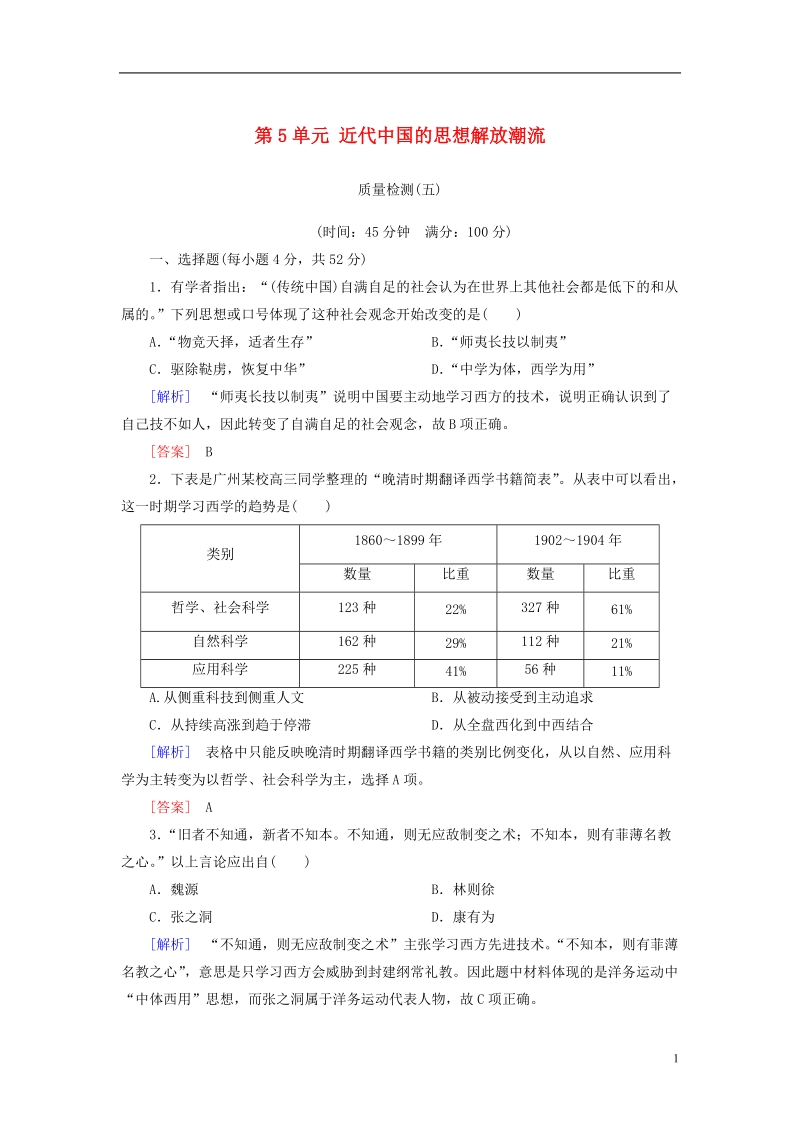 2018版高中历史 第5单元 近代中国的思想解放潮流质量检测 新人教版必修3.doc_第1页