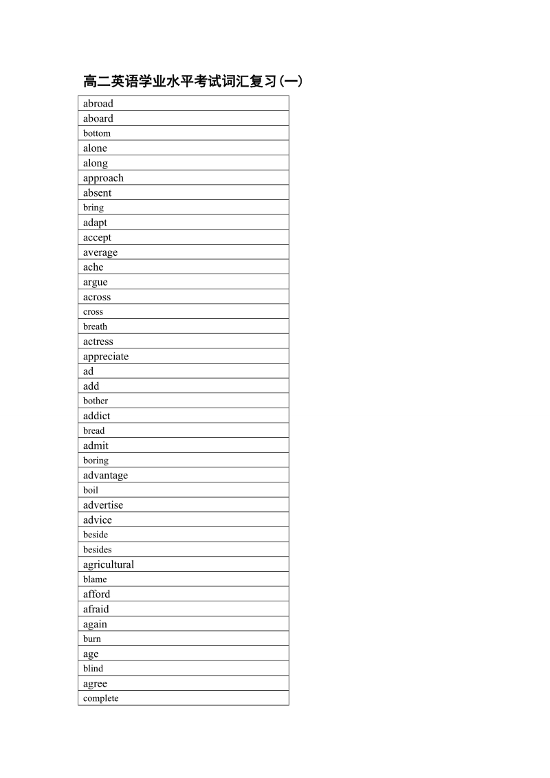 高二英语学业水平考试词汇复习.doc_第1页