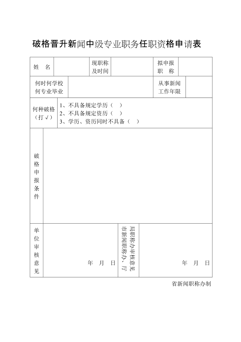 破格晋升新闻中级专业职务任职资格申请表.doc_第1页