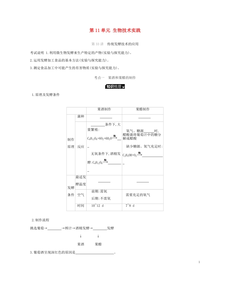 2019届高考生物一轮复习 第11单元 生物技术实践听课学案.doc_第1页