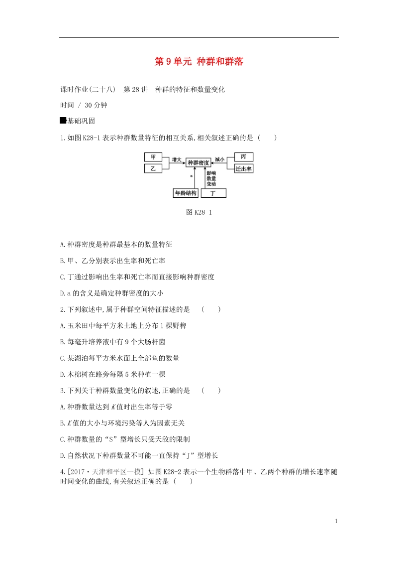 2019届高考生物一轮复习 第9单元 种群和群落作业.doc_第1页