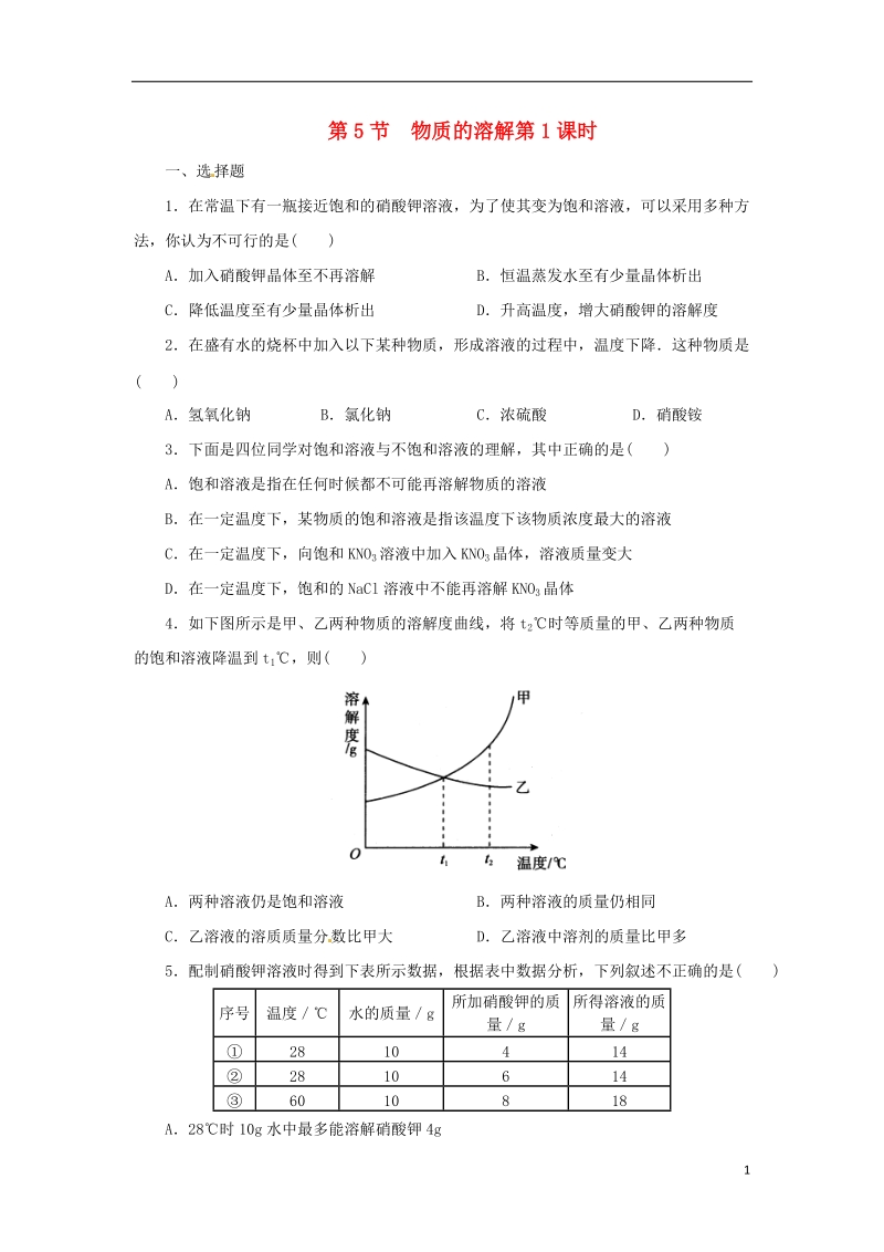 八年级科学上册 第1章 水和水的溶液 1.5 物质的溶解（第1课时）同步练习 （新版）浙教版.doc_第1页