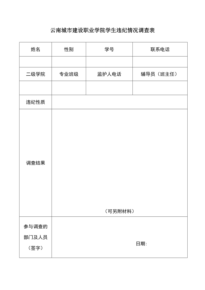 云南城市建设职业学院学生违纪情况调查表.doc_第1页