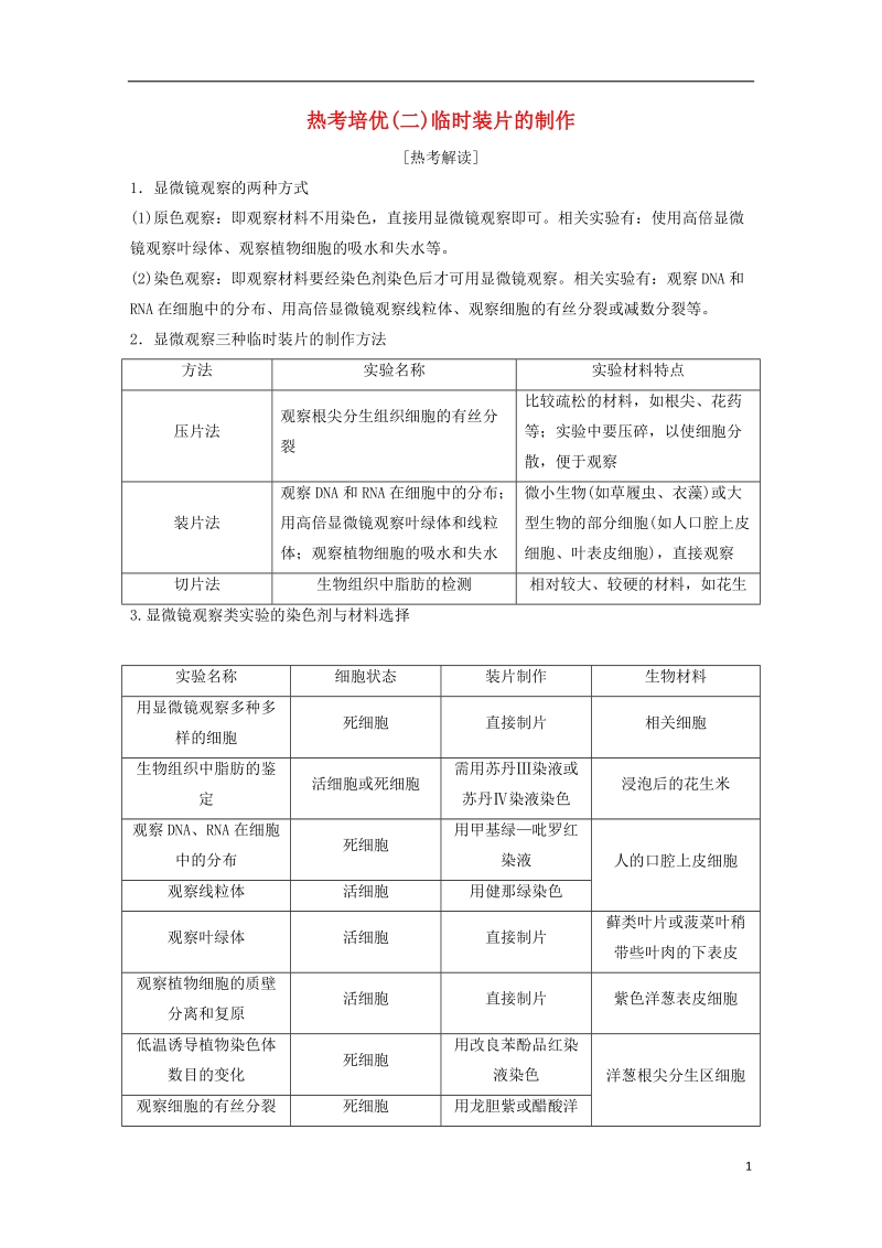 2019届高考生物一轮复习 第二单元 细胞的结构和物质运输 热考培优（二）临时装片的制作学案.doc_第1页