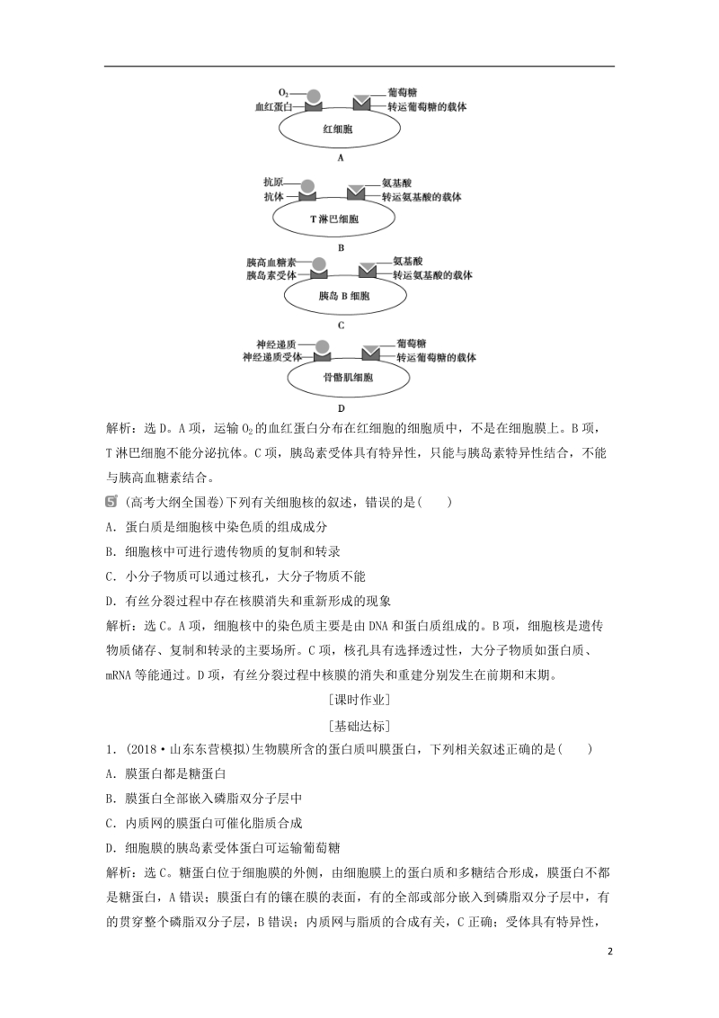 2019届高考生物一轮复习 第二单元 细胞的结构和物质运输 随堂真题演练5 细胞膜——系统的边界 生物膜的流动镶嵌模型 细胞核——系统的控制中心.doc_第2页