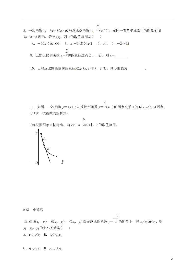 山东省龙口市兰高镇2018中考数学一轮复习 各知识点练习题分层设计十四（反比例函数部分）（无答案） 鲁教版.doc_第2页