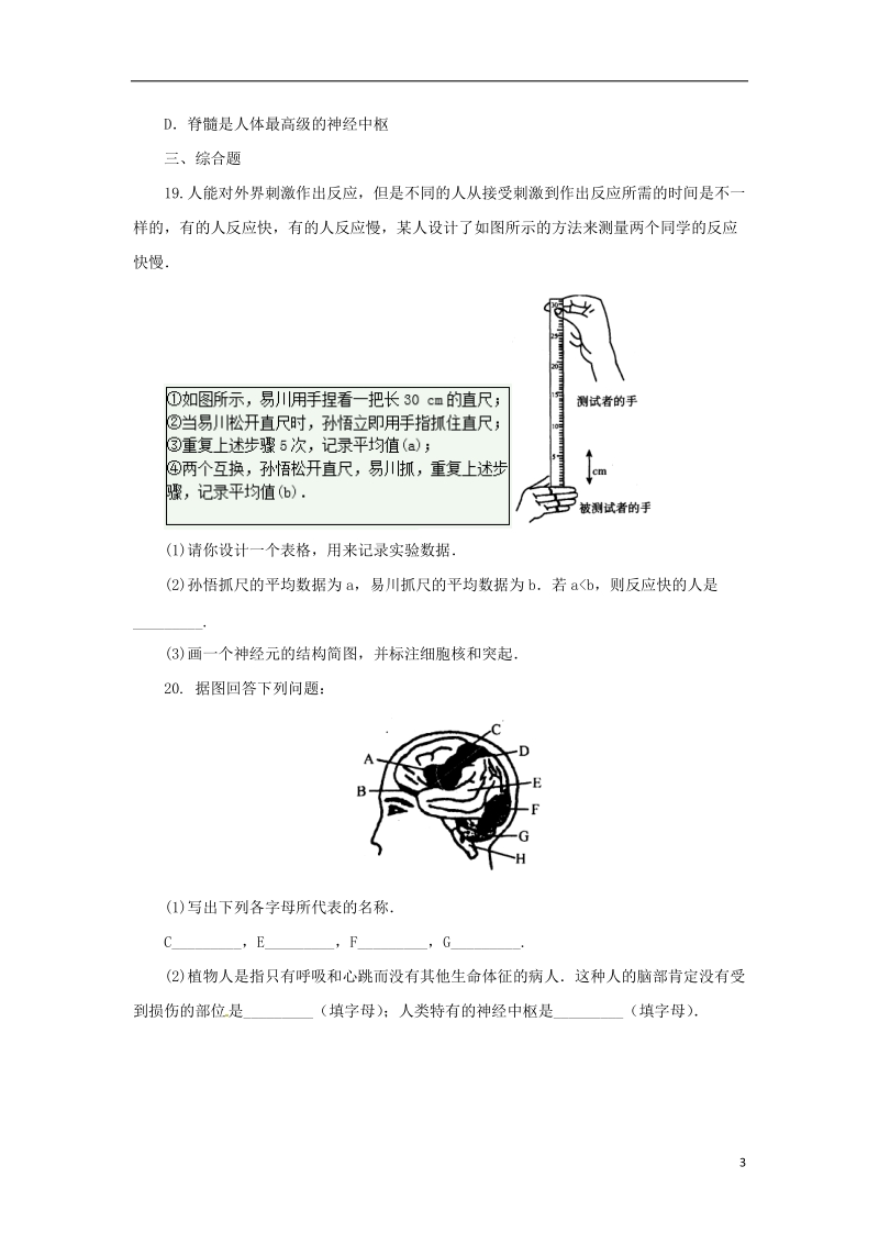 八年级科学上册 第3章 生命活动的调节 3.3 神经调节（第2课时）同步练习 （新版）浙教版.doc_第3页