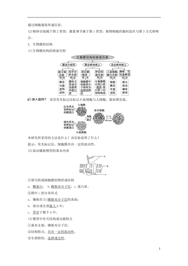 2019届高考生物一轮复习 第二单元 细胞的结构和物质运输 第5讲 细胞膜——系统的边界 生物膜的流动镶嵌模型 细胞核——系统的控制中心学案.doc_第2页