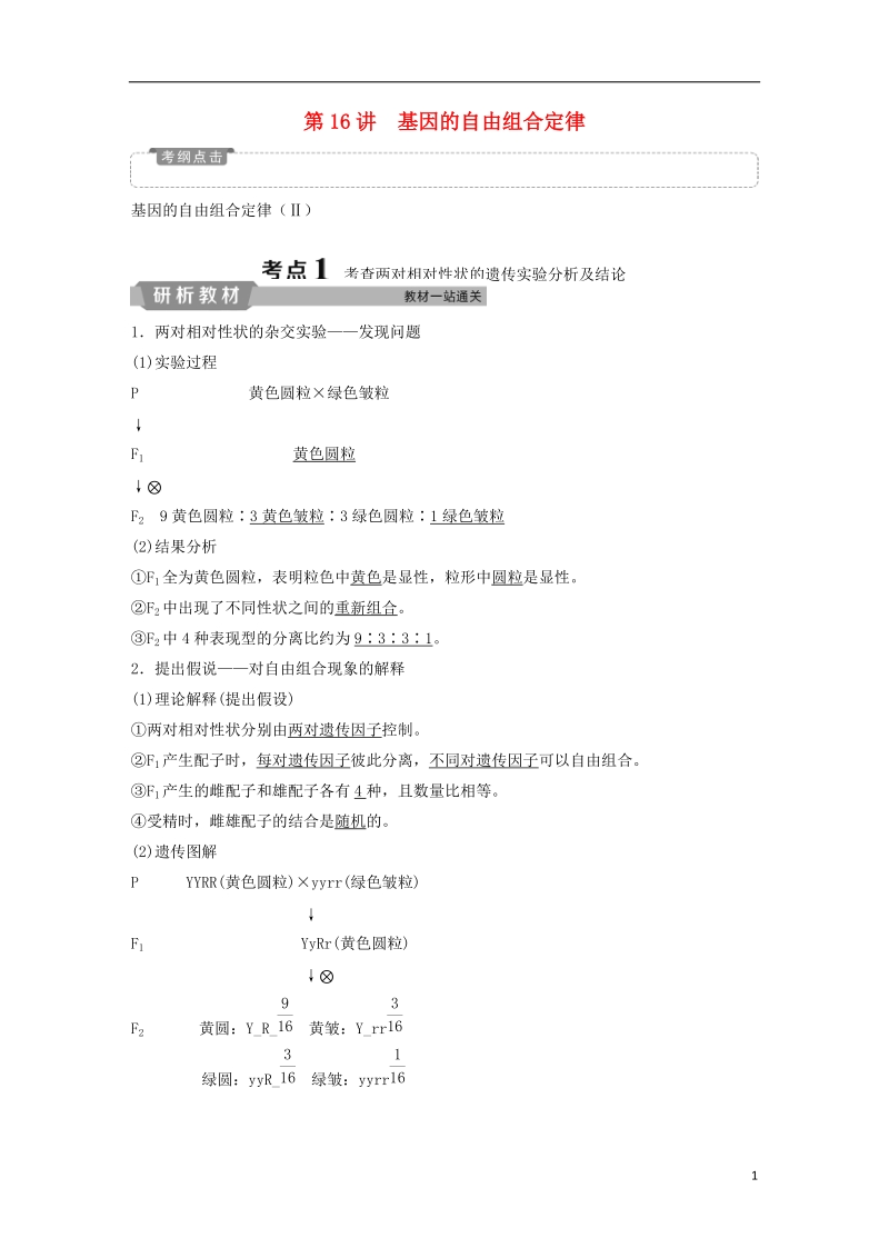 2019届高考生物一轮复习 第五单元 遗传的基本规律与伴性遗传 第16讲 基因的自由组合定律学案.doc_第1页