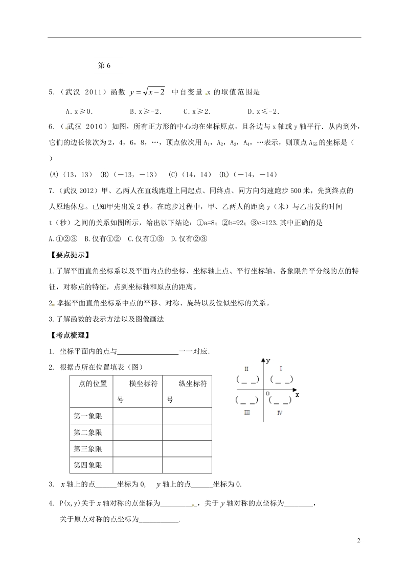 山东省武城县四女寺镇中考数学复习 第12课时 平面直角坐标系、函数及其图像（无答案）.doc_第2页