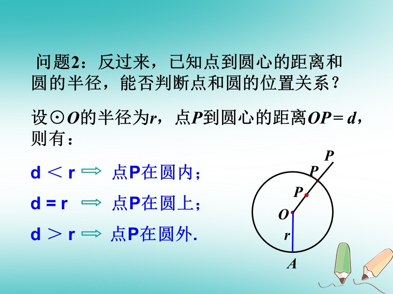 内蒙古鄂伦春自治旗九年级数学上册 第二十四章 圆 24.2 点和圆、直线和圆的位置关系 24.2.1 点和圆的位置关系课件 （新版）新人教版.ppt_第3页