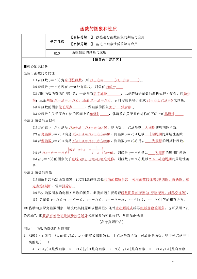 山东省胶州市2018届高考数学二轮复习 专题 函数的图象和性质学案（无答案）文.doc_第1页