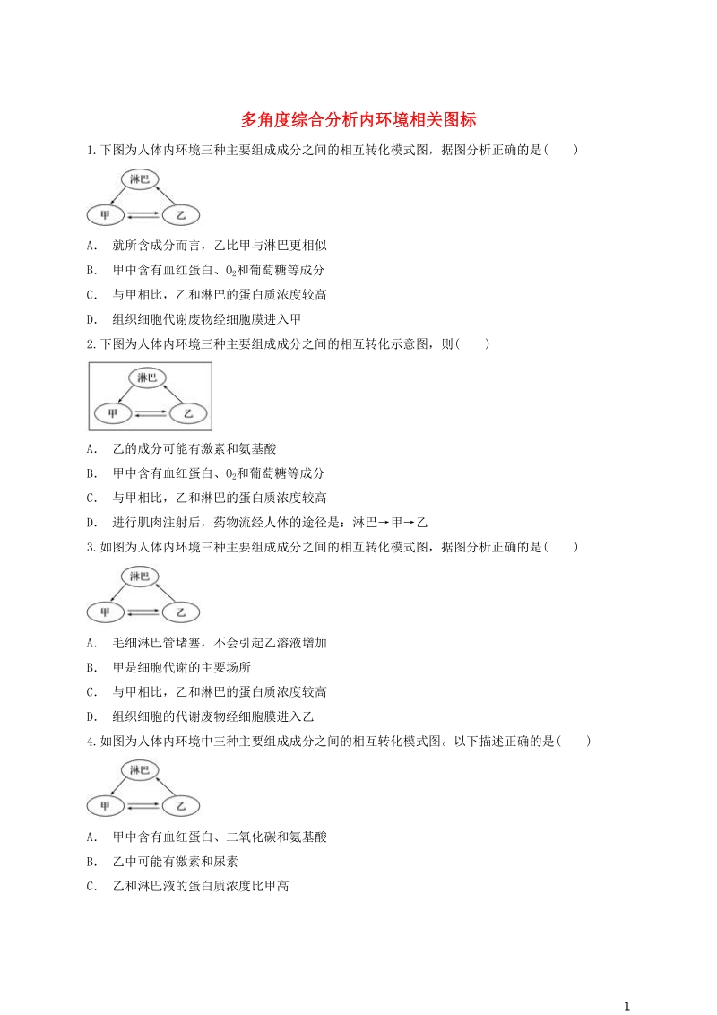 2018高中生物 多角度综合分析内环境相关图标有解析同步精选对点训练 新人教版必修3.doc_第1页