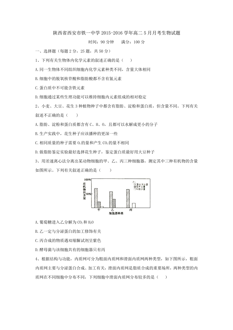 陕西省西安市铁一中学2015-2016学年高二5月月考生物试.pdf_第1页