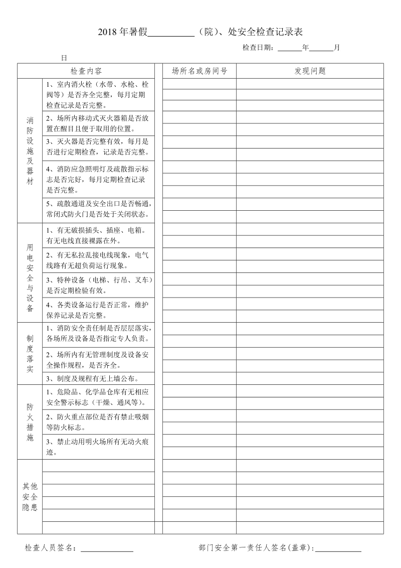 2018年暑假 （院）、处安全检查记录表.doc_第1页