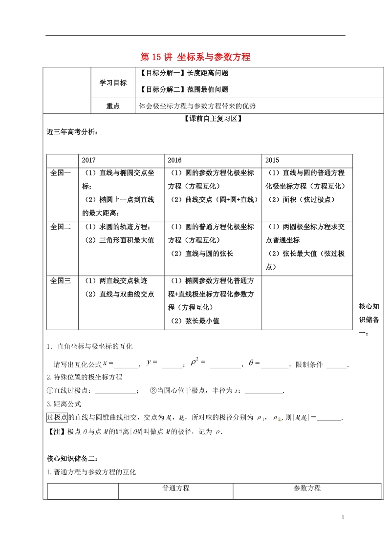 山东省胶州市2018届高考数学二轮复习 第15讲 坐标系与参数方程学案（无答案）文.doc_第1页