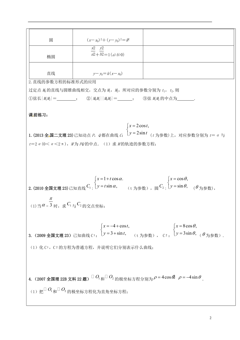 山东省胶州市2018届高考数学二轮复习 第15讲 坐标系与参数方程学案（无答案）文.doc_第2页