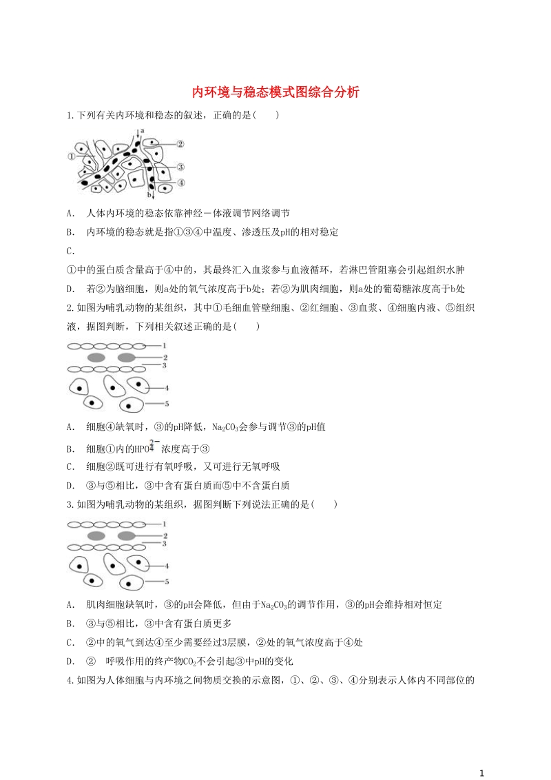 2018高中生物 内环境与稳态模式图综合分析同步精选对点训练 新人教版必修3.doc_第1页