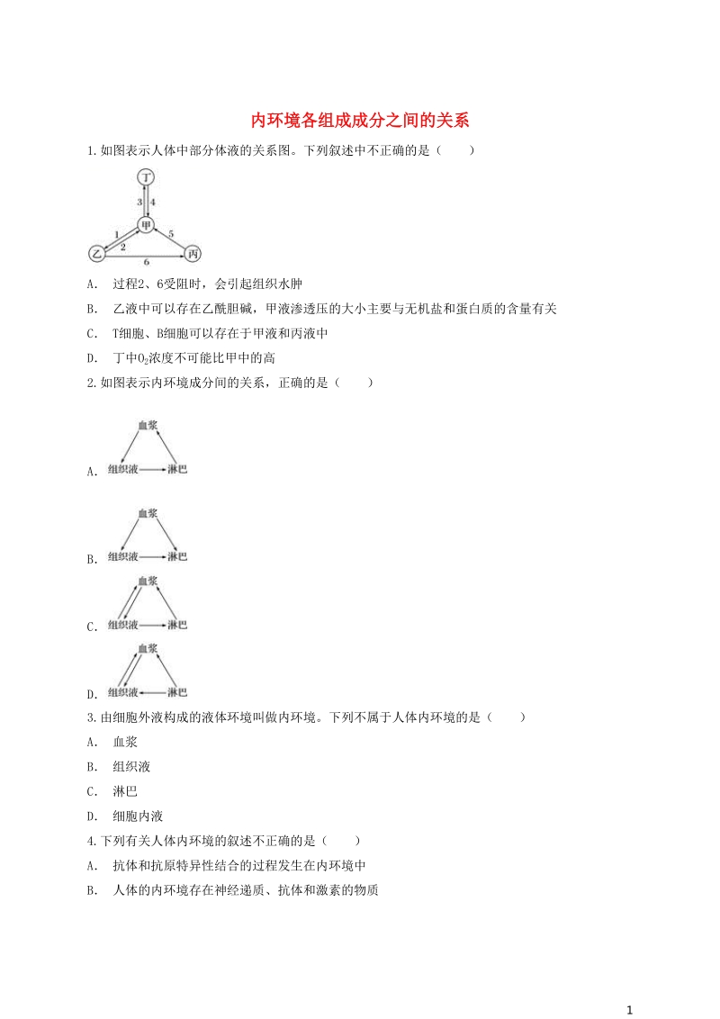 2018高中生物 内环境各组成成分之间的关系有解析同步精选对点训练 新人教版必修3.doc_第1页